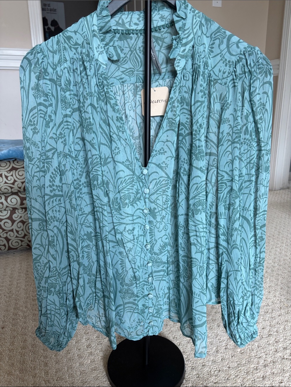 Anthropologie Teal Botanical-Print Button Front Blouse